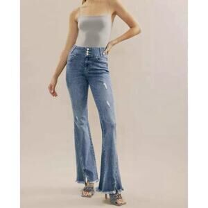 KANCAN JEANS miranda flare ultra high rise raw hem fringe medium wash size 3 25